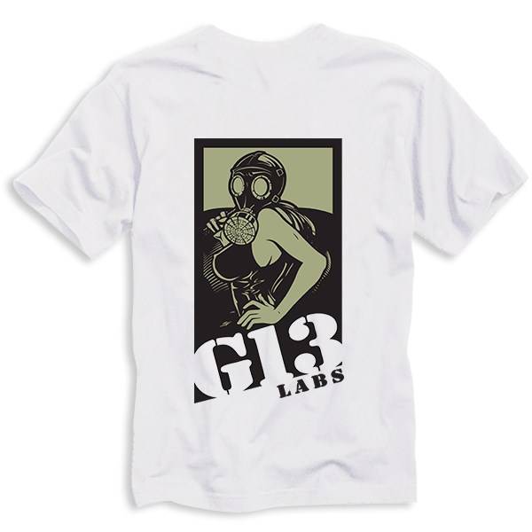 G13 Labs T-shirt White - Khaki Gas Mask Lady