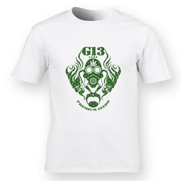 G13 Labs T-shirt White - Gas Mask Logo Green Pattern